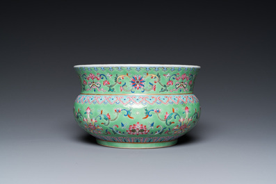 A Chinese lime-green-ground famille rose 'zhadou', Tongzhi mark but probably later