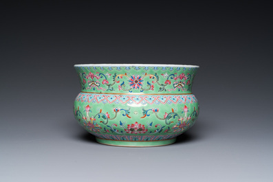 A Chinese lime-green-ground famille rose 'zhadou', Tongzhi mark but probably later