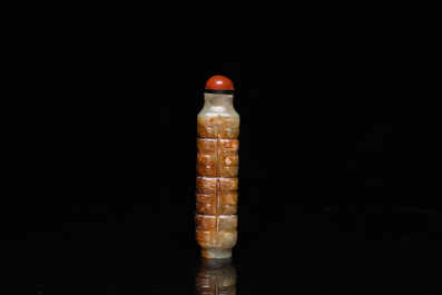 A Chinese celadon and russet jade 'cong' snuff bottle, probably Qing
