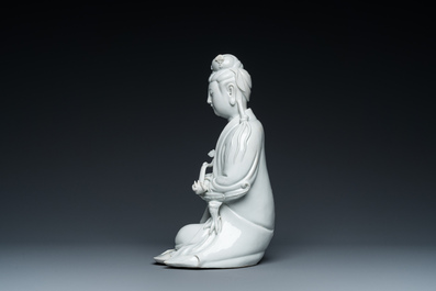 A Chinese Dehua blanc de Chine sculpture of Guanyin with a ruyi, Boji Yuren 博及漁人 mark, 19/20th C.