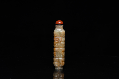 A Chinese celadon and russet jade 'cong' snuff bottle, probably Qing