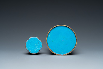 A Chinese cloisonn&eacute; brush pot, a small vase and a patinated copper dish, 19/20th C.