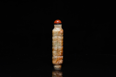 A Chinese celadon and russet jade 'cong' snuff bottle, probably Qing