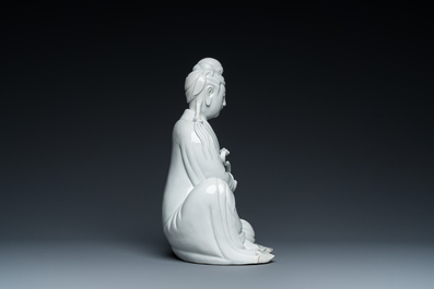 A Chinese Dehua blanc de Chine sculpture of Guanyin with a ruyi, Boji Yuren 博及漁人 mark, 19/20th C.