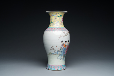 A Chinese famille rose 'ladies in the garden' vase, Qianlong mark, 20th C.