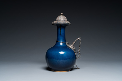 A Chinese monochrome blue-glazed kendi with silvered copper mounts, Qianlong