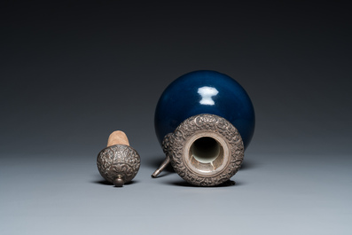 A Chinese monochrome blue-glazed kendi with silvered copper mounts, Qianlong