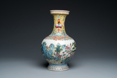 A Chinese famille rose 'mountainous landscape' vase, Qianlong mark, 20th C.