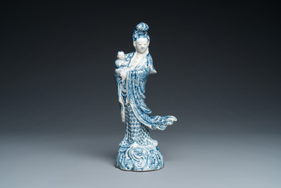 A Chinese blue and white Guanyin with child, Cai Fu Ji 蔡福記 mark, Republic