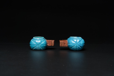 A pair of Chinese robin's egg-glazed birdfeeders, Qing