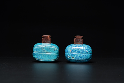 A pair of Chinese robin's egg-glazed birdfeeders, Qing