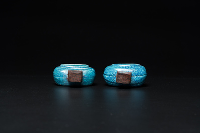 A pair of Chinese robin's egg-glazed birdfeeders, Qing
