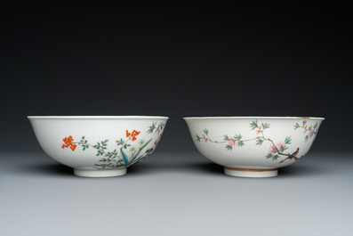Two Chinese famille rose 'magpie and peaches' bowls, Xuantong marks but probably Republic