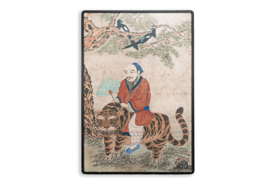 Ecole cor&eacute;enne: 'Esprit de montagne sur un tigre', encre et couleurs sur papier, Jos&eacute;on, 19&egrave;me