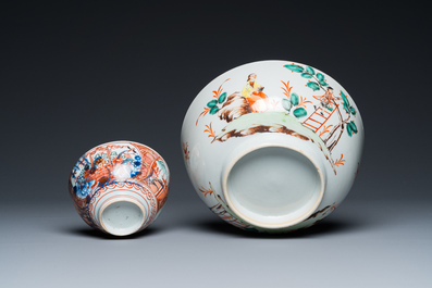 Twaalf Chinese borden, een onderschotel en twee kommen in famille rose en Imari-stijl porselein, Kangxi/Qianlong
