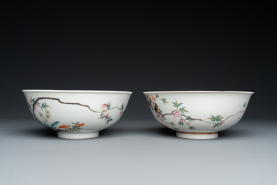 Two Chinese famille rose 'magpie and peaches' bowls, Xuantong marks but probably Republic