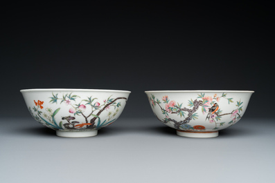 Two Chinese famille rose 'magpie and peaches' bowls, Xuantong marks but probably Republic
