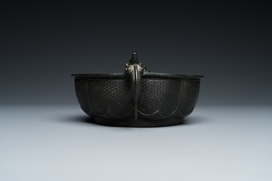 A Chinese archaistic bronze dragon-handled censer, Yuan