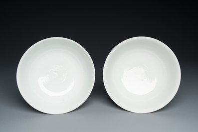 Two Chinese famille rose 'magpie and peaches' bowls, Xuantong marks but probably Republic