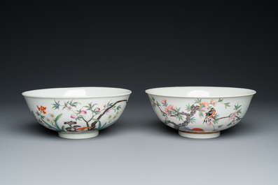 Two Chinese famille rose 'magpie and peaches' bowls, Xuantong marks but probably Republic