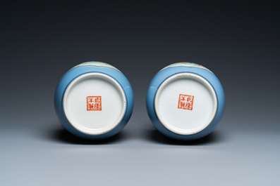 A pair of Chinese famille rose lavender-blue-ground vases, Qianlong mark, Republic