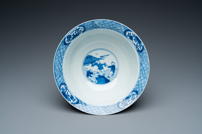 Een Chinese blauw-witte kom met gedichten, Kangxi merk en periode