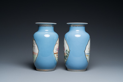 A pair of Chinese famille rose lavender-blue-ground vases, Qianlong mark, Republic