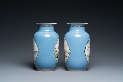 A pair of Chinese famille rose lavender-blue-ground vases, Qianlong mark, Republic