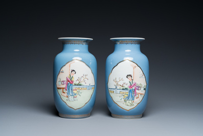 A pair of Chinese famille rose lavender-blue-ground vases, Qianlong mark, Republic