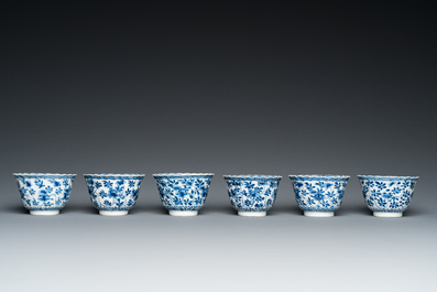 Six Chinese blue and white cups and saucers, Yu 玉 mark, Kangxi