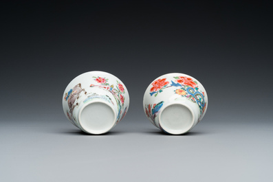 A pair of Chinese famille rose cups and saucers, Yongzheng