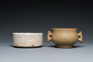 A Chinese celadon-glazed censer and a ge-type crackle-glazed bowl, Qing