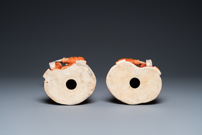 A pair of Chinese coral red 'Hehe Er Xian' sculptures, probably Jiaqing