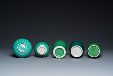 Four Chinese green-glazed vases and a brush washer, 19/20th C.