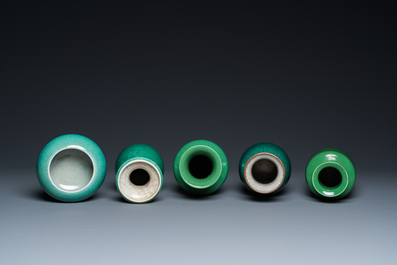 Four Chinese green-glazed vases and a brush washer, 19/20th C.
