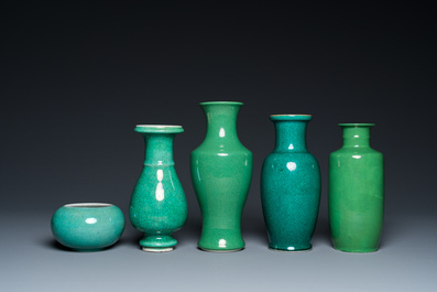 Four Chinese green-glazed vases and a brush washer, 19/20th C.