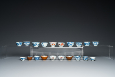 44 Chinese blue, white, famille rose and Imari-style cups and 62 saucers, Kangxi and later