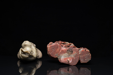 A Chinese soapstone Shou Lao on stand, Kangxi