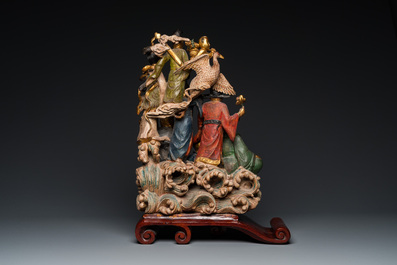 Groupe en bois laqu&eacute; et polychrom&eacute; figurant les huit immortels, Chine, 19/20&egrave;me