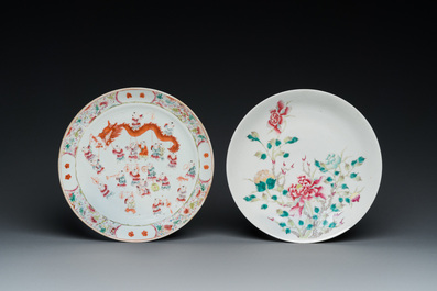 Two Chinese famille rose '100 boys' and floral subject plates, Guangxu and Qianlong marks, 19th C.