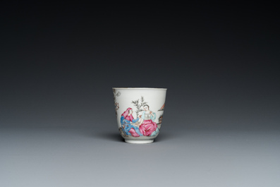 A Chinese famille rose 'erotical subject' cup and saucer, Yongzheng/Qianlong