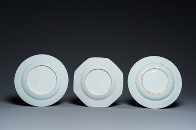 Four Chinese famille rose and verte plates and a dish, Kangxi and later