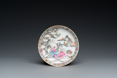 A Chinese famille rose 'erotical subject' cup and saucer, Yongzheng/Qianlong