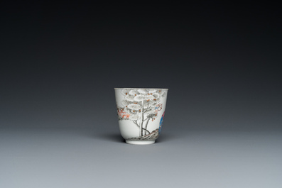 A Chinese famille rose 'erotical subject' cup and saucer, Yongzheng/Qianlong