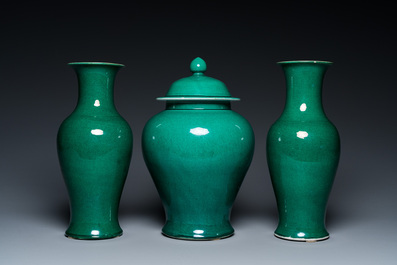 A Chinese monochrome green-glazed garniture of three vases, Republic