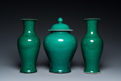 A Chinese monochrome green-glazed garniture of three vases, Republic
