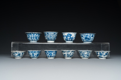 Ten Chinese blue and white cups and saucers, Kangxi