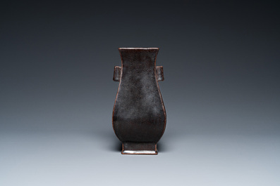 A Chinese monochrome dark aubergine-glazed 'fanghu' vase, probably Qianlong