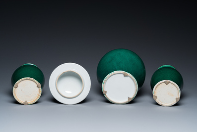 A Chinese monochrome green-glazed garniture of three vases, Republic