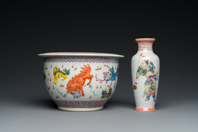 A Chinese famille rose 'Wu Shuang Pu' vase and a 'Buddhist lions' jardini&egrave;re, Republic